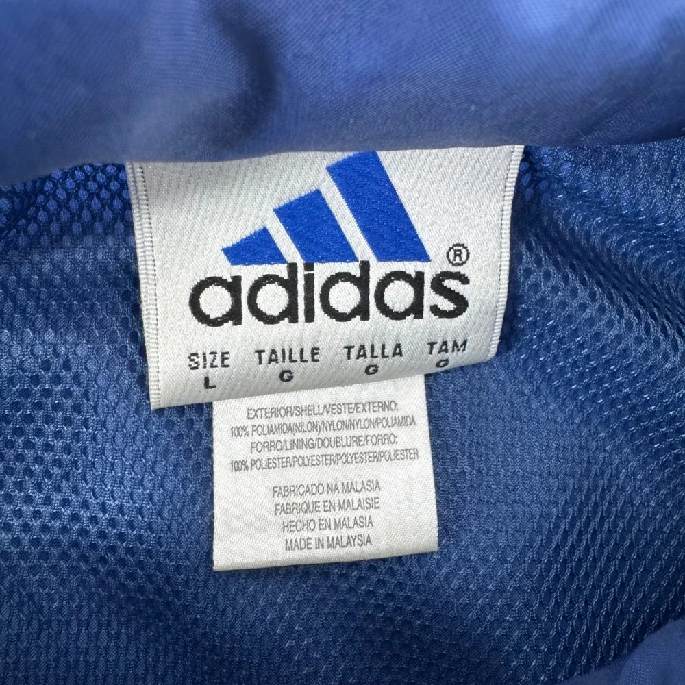 Adidas Windbreaker Jacket Mens Large Blue Full Zip Packable Hood‎ Mesh Lined